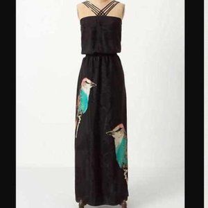 Anthropologie Lightweight Maxi Dress with Criss-Cross Strap and Bird Print